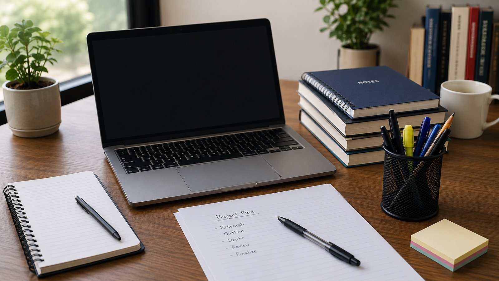 AIIT Laptop and paper and writing materials on a table
